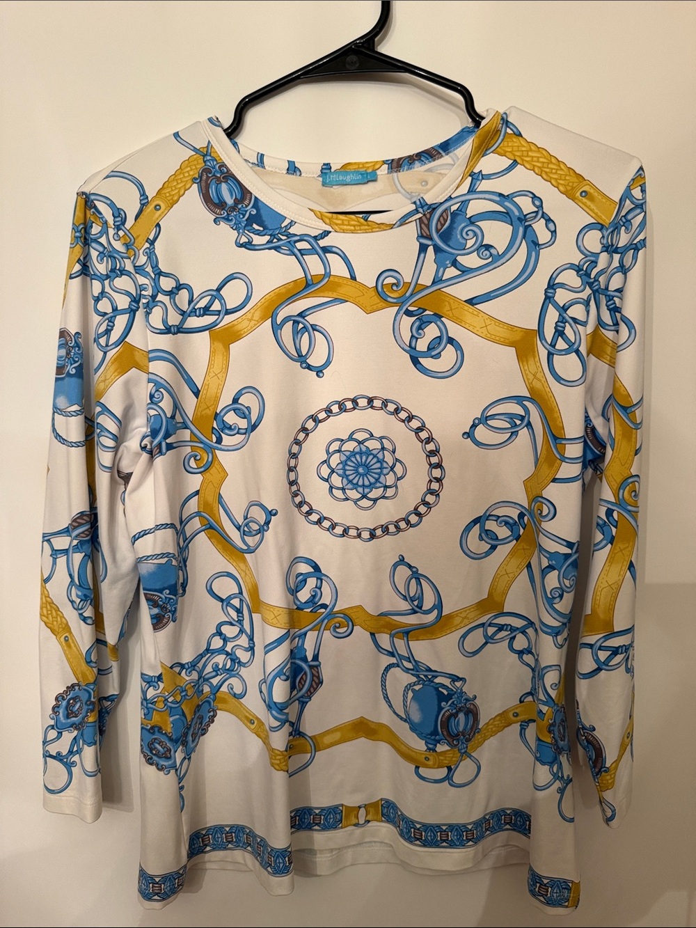 J. McLaughlin White Top with Blue & Gold Chain-Print Long Sleeve